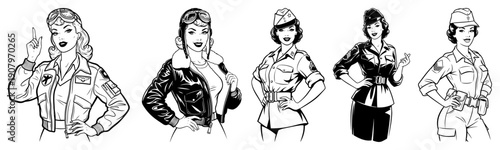 Retro pin up women in military and aviation uniforms black and white vintage character vector illustration