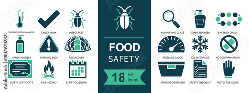 Description Food safety icon set. Containing thermometer, sanitizer, pest, warning, helmet, checklist, glove, snowflake, cold chain, storage box, fire, and more. Solid fill vector icons collection