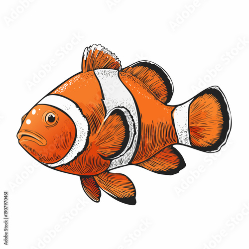 Illustration of a vibrant orange clownfish swimming in the ocean, viewed from the side with fins outstretched