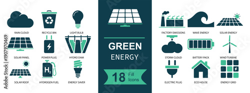 Green energy icon set. Containing solar panel, wind turbine, battery, plug, smart grid, recycle bin, hydro wave, hydrogen fuel, dam, cloud, and more. Solid fill vector icons collection