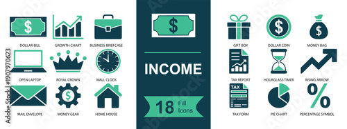 Income icon set. Containing money bill, coin, cash bag, gift, report, tax form, percentage, pie chart, growth arrow, briefcase, clock, and more. Solid fill vector icons collection