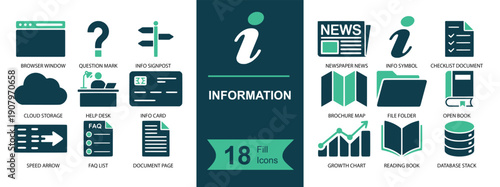 Information icon set. Containing info symbol, news, document, checklist, folder, book, map, database, cloud, web page, FAQ, arrow sign, analytics chart, and more. Solid fill vector icons collection
