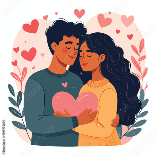 Couple embracing with love surrounded by hearts and leaves in a serene illustration