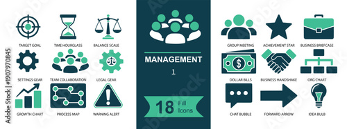 Management icon set. Containing team leadership, target, strategy, organization chart, handshake, money, briefcase, settings gear, workflow, analytics, warning, idea bulb, time, and more. Solid fill v