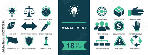 Management icon set. Containing idea bulb, scales, stopwatch, target, box, hand gesture, team, dollar coin, hierarchy chart, warning, recycle arrows, flag, shield, chess piece, and more. Solid fill ve