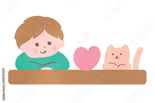 机に腕を乗せてハートを眺める男の子と猫のイラスト｜幸せをイメージしたイラスト