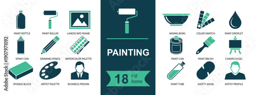 Painting icon set. Containing paint roller, brush, palette, watercolor tray, spray can, paint bucket, color swatches, canvas easel, tube, sponge, drop, and more. Solid fill vector icons collection