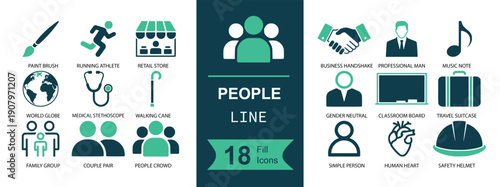 People line icon set. Containing group, teamwork, handshake, business person, teacher board, suitcase, running, shop, music note, globe, doctor stethoscope, cane, helmet, and more. Solid fill vector i