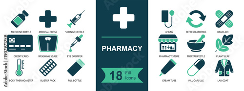 Pharmacy icon set. Containing medicine vial, syringe, IV drip, pills, capsule, bandage, dropper, thermometer, pharmacy store, mortar, herbal leaf, prescription card, and more. Solid fill vector icons 