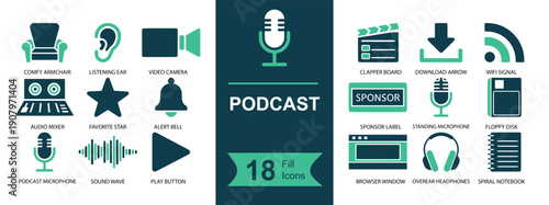 Podcast icon set. Containing microphone, headphones, audio waveform, play button, speaker, subscribe, RSS, download, sponsor, episode, recording and more. Solid vector icons collection