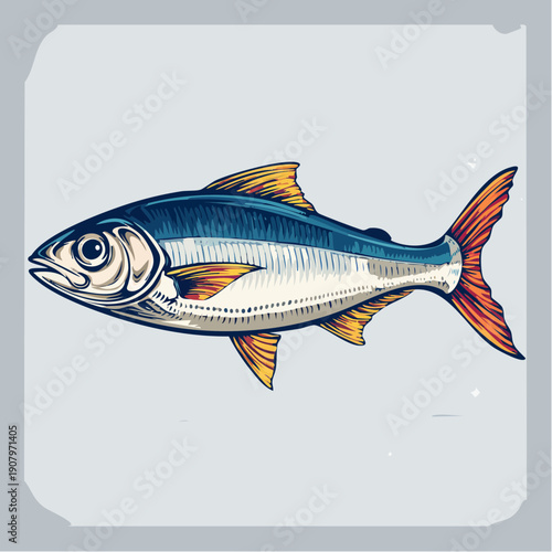 A vibrant illustration of a fish with blue and orange hues swimming in a clear water environment from a side viewpoint