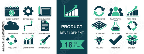 Product development icon set. Containing roadmap, analytics, iteration, rocket launch, chip prototype, lab testing, checklist, team, packaging, and more. Solid fill vector icons collection
