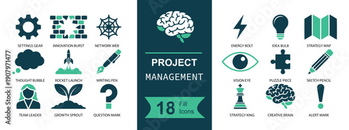 Project management icon set. Containing planning, roadmap, strategy, ideas, research, teamwork, launch, workflow, risks, checklist, puzzle, and more. Solid fill vector icon collection