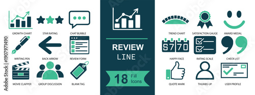 Review line icon set. Containing rating stars, feedback chat, checklist, quote marks, approval badge, analytics chart, calendar, tag, users, thumbs up and more. Solid vector icons collection