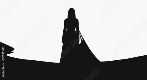 Woman Standing on Cliff Silhouette against White Background