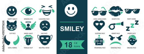 Smiley icon set. Containing happy face, sad face, laughing emoji, heart eyes, angry brows, sleep Zzz, sunglasses, kiss lips, monster, angel, cat face and more. Solid fill vector icons collection