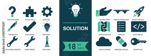 Solution icon set. Containing idea bulb, puzzle piece, gear, check mark, question mark, tools, wrench, roadmap, checklist, code, rocket, cloud, key and more. Solid fill vector icons collection