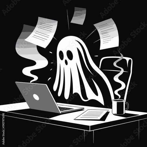 Translucent ghost working late on laptop, black and white vector – Ideal for overwork concept, supernatural dedication, or office burnout themes.