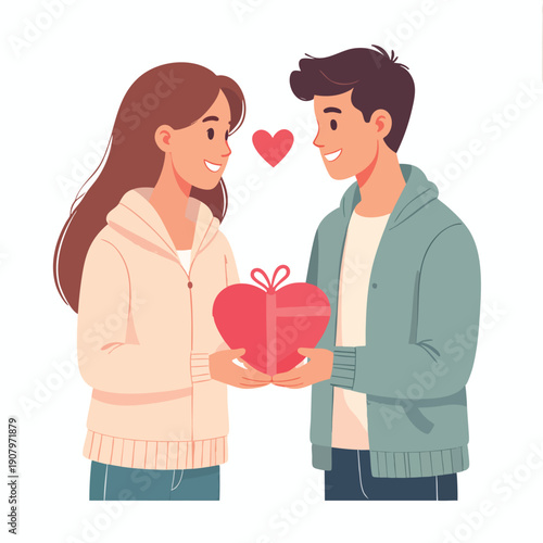 Couple exchanging heart-shaped gift on a casual date outdoors smiling at each other