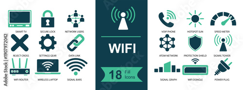 WiFi icon set. Containing wireless signal, router, hotspot tower, network nodes, internet speed gauge, secure shield, phone call, laptop connection, plug and settings. Solid fill vector icons collecti