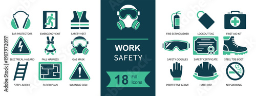 Work safety icon set. Containing hard hat, safety goggles, respirator mask, first aid kit, fire extinguisher, warning sign, protective vest, gloves, boots, escape exit and more. Solid fill vector icon