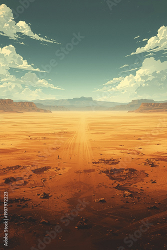 Wallpaper Mural A vast anime-style landscape of endless dry plains stretching toward distant mountains, immediately creating an epic cinematic mood filled with silence and scale. Warm golden light Torontodigital.ca