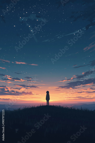Wallpaper Mural A gentle anime-style scene portraying a distant silhouette standing at the edge of a wide horizon, face hidden by backlighting and distance. The environment slowly shifts from cool Torontodigital.ca