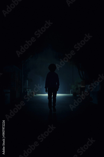 Wallpaper Mural A moody anime-style scene depicting a lone silhouette walking slowly through a quiet environment, fully clothed and seen from behind to avoid facial detail. The contrast between dim Torontodigital.ca