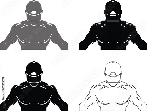 Muscular male torso silhouette set with pixel, halftone, solid and outline vector styles