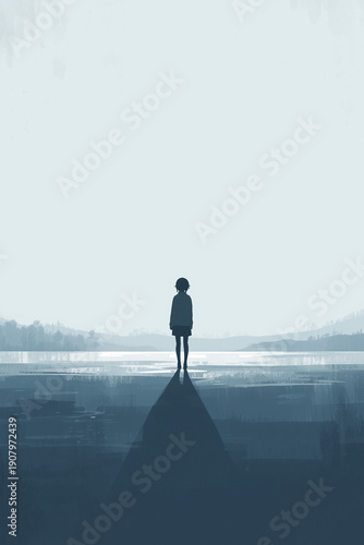 Wallpaper Mural A gentle anime-inspired illustration showing a lone silhouette standing in an open quiet space, the face hidden by backlighting and distance. The surrounding environment feels wide Torontodigital.ca