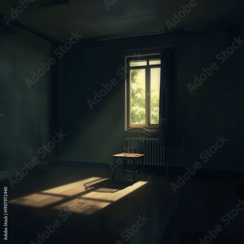 Wallpaper Mural A cinematic anime illustration of an empty quiet room with a single chair and faint light entering through a window, no people present. The atmosphere feels deeply personal and reflective, Torontodigital.ca