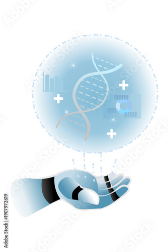 Artificial Intelligence Technology Concept with Robotic Hand Holding Digital DNA Helix Hologram