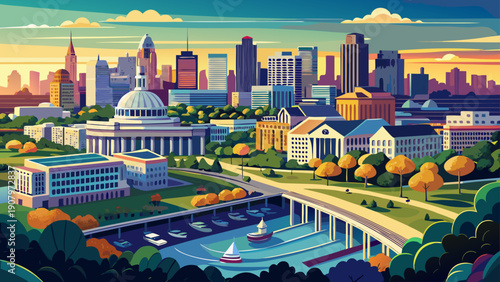 Very beautiful aerial panorama of Cambridge city skyline featuring Massachusetts Institute of Technology (MIT) along the Charles River, Massachusetts, USA, blending academic landmarks with urban scene