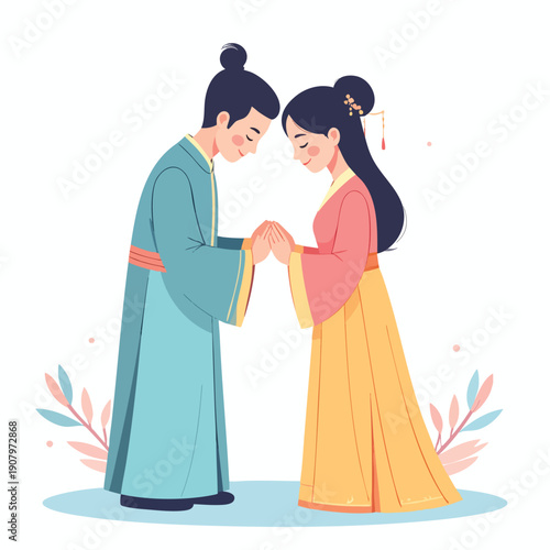 Couple in traditional Asian attire standing together, holding hands, gentle interaction, vector illustration, soft hues, elegant, serene, peaceful atmosphere