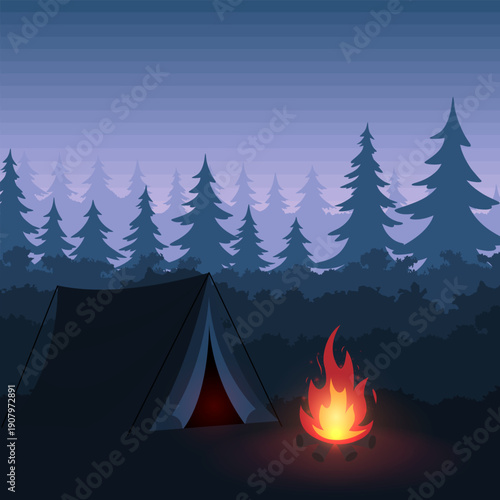 camping in evening forest