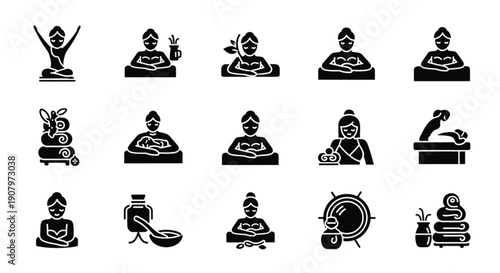 Spa Massage Therapy and Wellness Treatment Solid Icons Set