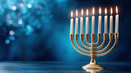 Hanukkah menorah shining bright, nine candles lit on dark blue background with bokeh lights, celebrating festival of lights