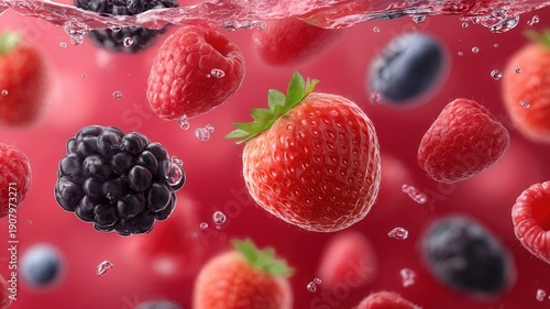 Fresh berries splashing in water, creating refreshing healthy drink concepts with juicy fruit and vibrant colors