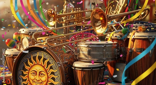 Vibrant Carnival Drums and Musical Instruments.