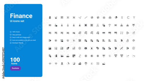 Finance UI Icons Set includes 100 clean and modern Duotone icons designed for financial apps, fintech platforms, dashboards, and SaaS products.

All icons are 100% vector, built on a 24px grid