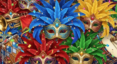 Vibrant Mardi Gras Masks and Feathers.