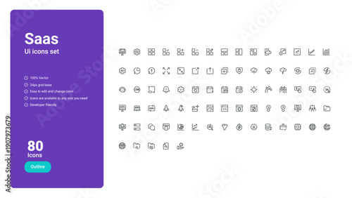 SaaS UI Icons Set includes 80 clean and modern Outline icons designed specifically for SaaS platforms, dashboards, and digital products.

All icons are 100% vector, built on a 24px grid