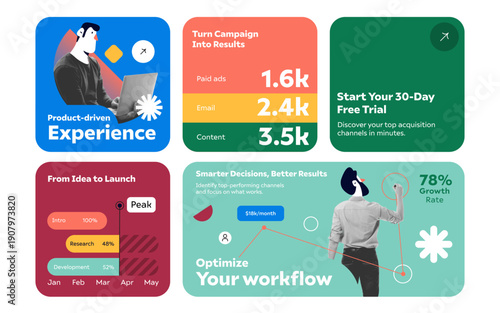 Modern infographic layout template for startups and businesses. Modular business infographic cards, mix and match layouts. Perfect for pitch decks, reports, social media posts.  Vector