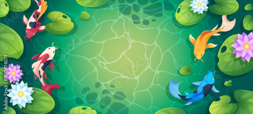 Koi fish swimming in tranquil pond with lotus flowers and lily pads. Top view on Japanese carp in green serene lake water with ripples for decorative border of garden with oriental zen elements.