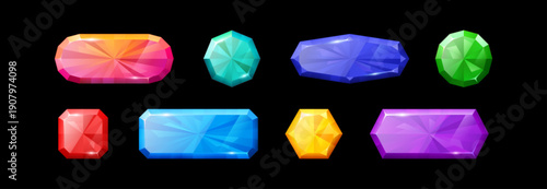 Game UI elements with gem buttons and diamond frames for fantasy interfaces. Cartoon crystal icons of colorful jewels, magical badges and ice stones in geometric shapes for medieval app design.