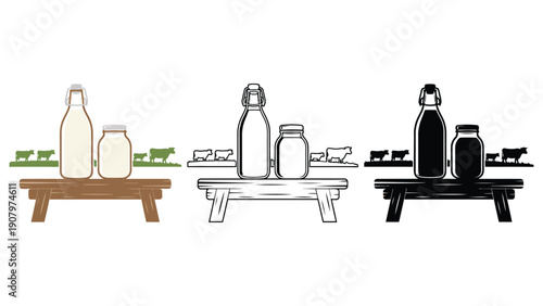 Three different styles of milk bottles and jars on a wooden shelf with cows.