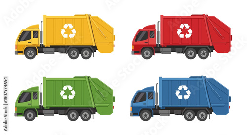 Recycling Garbage Trucks Set in Yellow Red Green Blue Colors