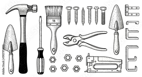 Vintage DIY Home Improvement Tools and Hardware Engraving Collection