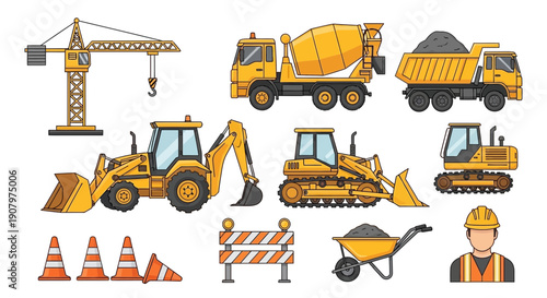 Heavy Construction Machinery Set Icons and Equipment
