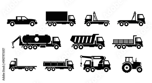 Black Utility and Commercial Trucks Icon Set on White Background